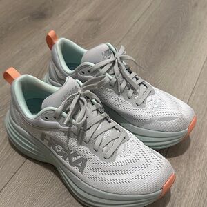 Hoka Bondi 8 Women's White and Mint Athletic Shoes